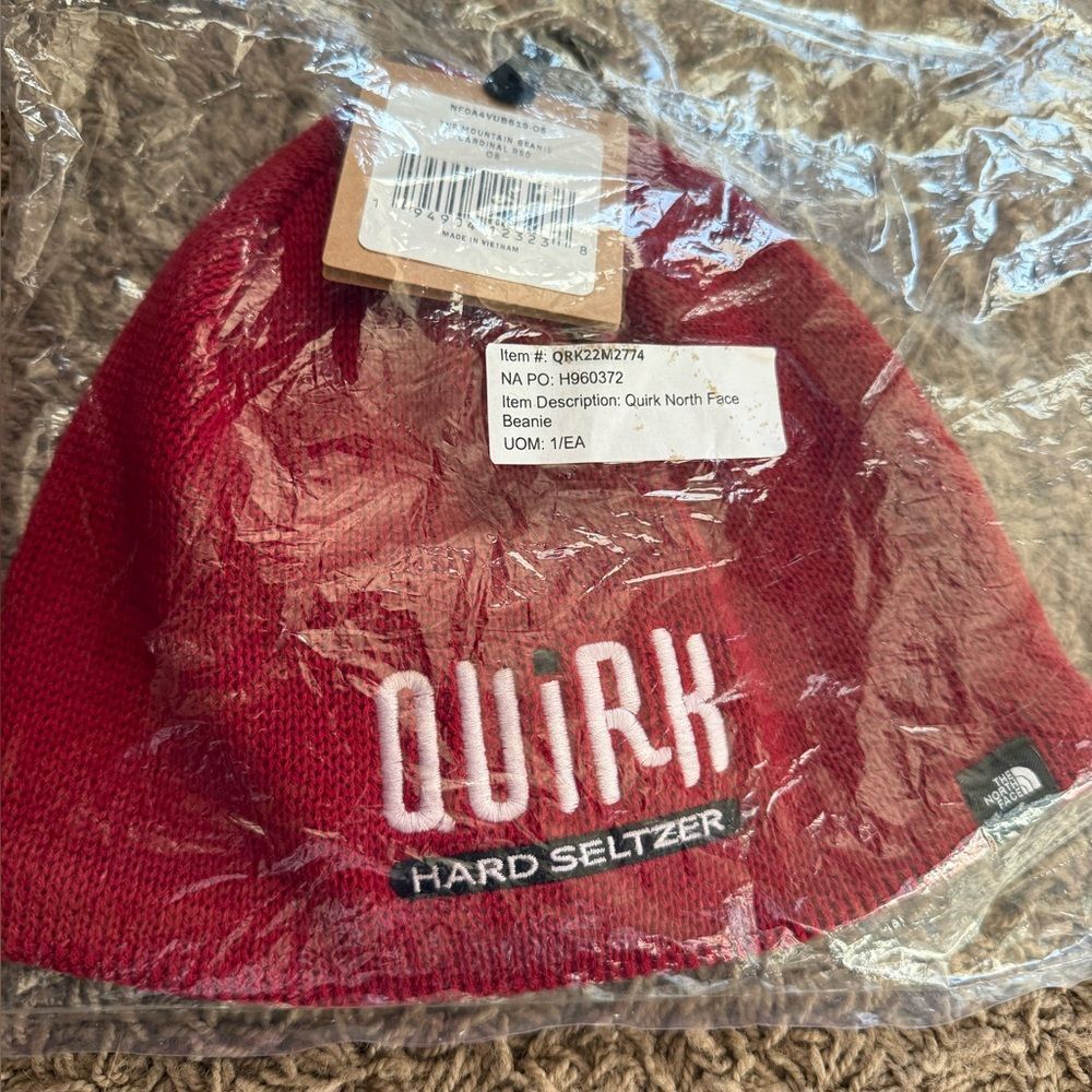 New The North Face Cardinal Red beanie with Quirk Hard Seltzer Mountain stocking